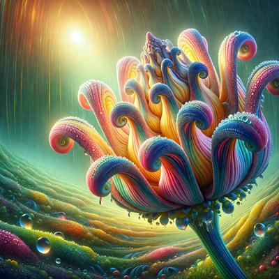 The primary subject of the image is a large, colorful, and intricately designed flower. The flower is situated in a vibrant and lush environment, surrounded by a variety of colorful elements. The visual style of the image is a combination of digital art and illustration, creating a unique and captivating scene. The dominant colors in the image are a mix of bright and bold hues, contributing to a lively and cheerful atmosphere.